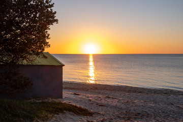Sunset over ocean beach with bathing box and a treee