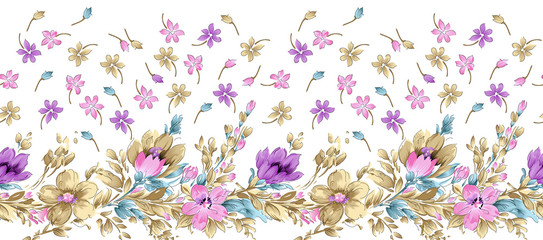 Seamless vintage watercolor textile flower border