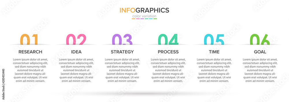 Poster concept of arrow business model with 6 successive steps. five colorful rectangular elements. timelin