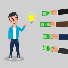 The concept of selling an idea. Young man finger pointing at the symbol of an idea while businessmen offer money. Successful startup with an innovative idea. Good investment concept. Funding project.