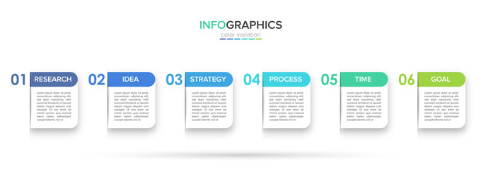 Concept of arrow business model with 6 successive steps. Five colorful rectangular elements. Timeline design for brochure, presentation. Infographic design layout.