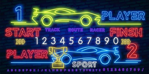 Neon Play and Win. Esports neon light icons set. Gaming device and gadgets. Video game tournaments. Glowing signs. Vector isolated illustrations