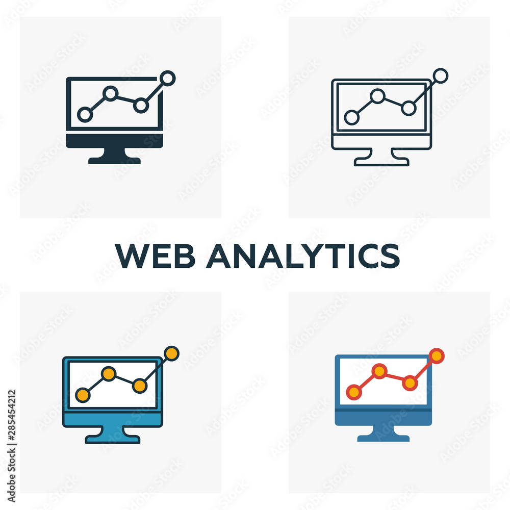 Poster web analytics icon set. four elements in diferent styles from advertising icons collection. creative