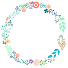 Obraz premium Floral Wreath branch in hand drawn style. Floral round of pink, yellow and green color frame of twigs, leaves and flowers on a white background.