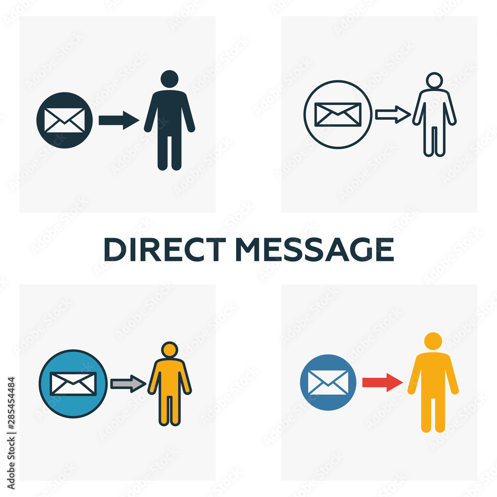 Poster direct message icon set. four elements in diferent styles from advertising icons collection. creativ