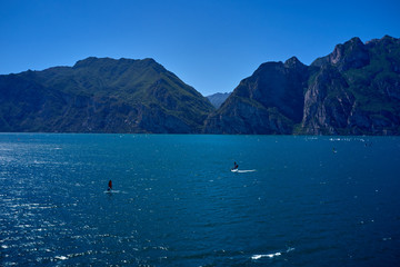 Panorama of Lake Garda surrounded by mountains in Riva del Garda, Italy. Lake Garda Italy. Aerial view