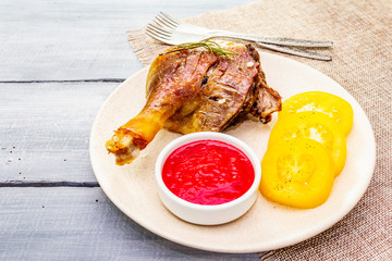 Crusty roasted duck leg. Traditional French food confit preparation