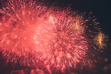 Fireworks festival. Fireworks display on dark sky background.