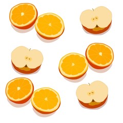 Halved oranges and apples. Still life of fruits.