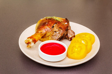 Crusty roasted duck leg. Traditional French food confit preparation