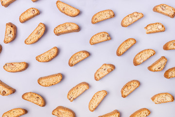 Food Background Freshly Baked Italian Cookies Biscotti or Cantuccini Blue Background Top View Pattern Horizontal