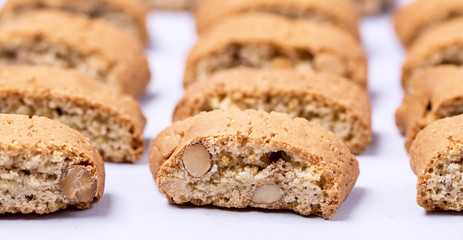 Food Background Freshly Baked Italian Cookies Biscotti or Cantuccini Blue Background Pattern Horizontal