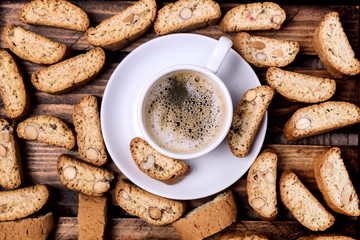 Cup of Espresso and Italian Almond Biscuit Biscotti on Wooden Background Italian Dessert for Coffee or Wine Top View