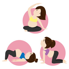  Set of Yoga for pregnant women character.Vector illustration set object isolated on white background.