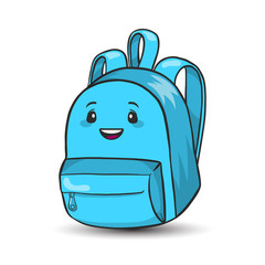 Vector smiling school bag - blue backpack accessory illustration - for elementary student poster, education materials, e-learning, tourism, for children equipment. Cute hand drawn cartoon character