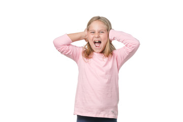 Funny little girl screaming to the camera on white background