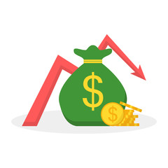 Bagful with gold coins and down red arrow stocks graph. Money loss concept, financial crisis, market fall