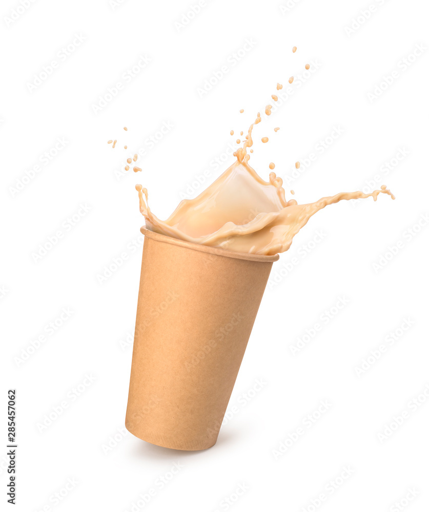 Sticker milk coffee splash in paper cup isolated