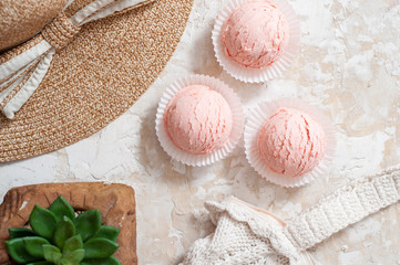 Summer Hipster Girl Accessories Set. Fashion Design. Hot Sunny Vibes. Trendy Sneakers, Sunglasses, Ice Cream. Creative Bright Style. Vanilla coral Color. Minimal, Art summertime fashionable concept