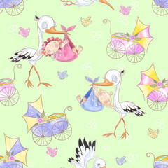 Seamless pattern for the birth of a child. Stork with baby. Vector