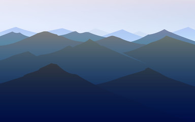 Dark blue mountains. Amazing Foggy layered landscape. Hiking and camping concept. Swiss or Austrian Alps, sunset and forest. Vector illustration Background for travel banner or poster.
