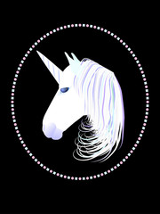 Image of a white unicorn head on a black background in an oval circle. A fabulous and wonderful animal for everyone who believes in miracles.