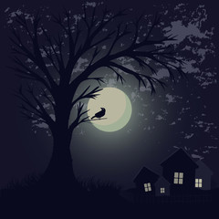 Illustration of a moonlit night. Full moon at night outside the city. Moonlit night and a tree without leaves with a lonely pnitsa on a branch. Night sky, moon and rare clouds.