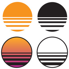 Classic Retro Sun Sunset isolated vector illustration in solid color, gradient color, and black and white versions