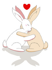 Two bunnies hug each other with their paws. Bunnies with raised ears and a heart above them. Tender hugs.