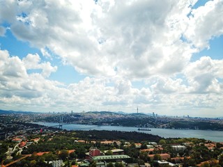 Aerial view of Istanbul and Bosphorus over clear and cloudy sky.