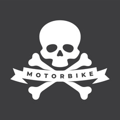 Vector white vintage biker emblem - tattoo with skull and ribbon.