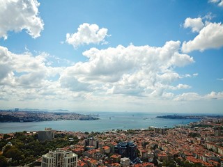 Aerial view of Istanbul and Bosphorus over clear and cloudy sky.