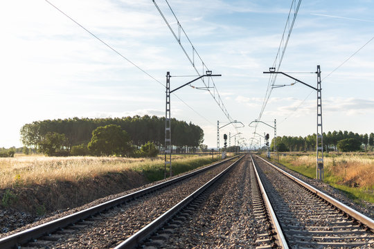 The tracks of a train on a sunny day in Le&oacute;n (Spain)