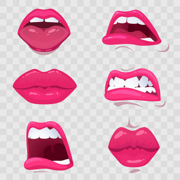 Cartoon mouth with emotions - sensuality and sadness, resentment and shock, anger and crying, on a transparent background