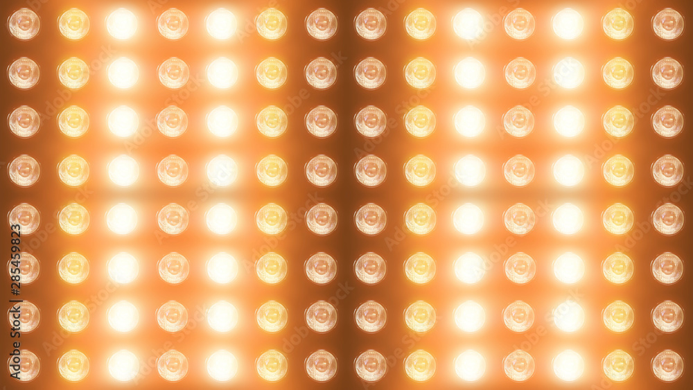 Poster 3d rendering of a wall with flashing lights and bright spotlights. perfect background with glow effe