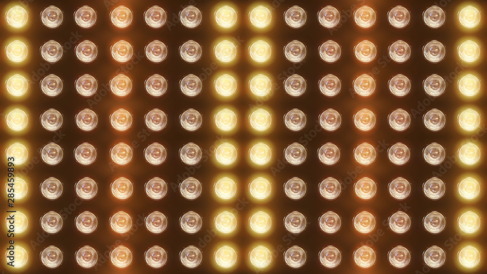 Poster 3d rendering of a wall with flashing lights and bright spotlights. perfect background with glow effe