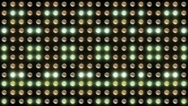 3D rendering of a wall with flashing lights and bright spotlights. Perfect background with glow effects and lenses for collages, presentations of music videos and shows