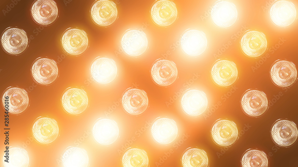 Poster 3d rendering of a wall with flashing lights and bright spotlights. perfect background with glow effe