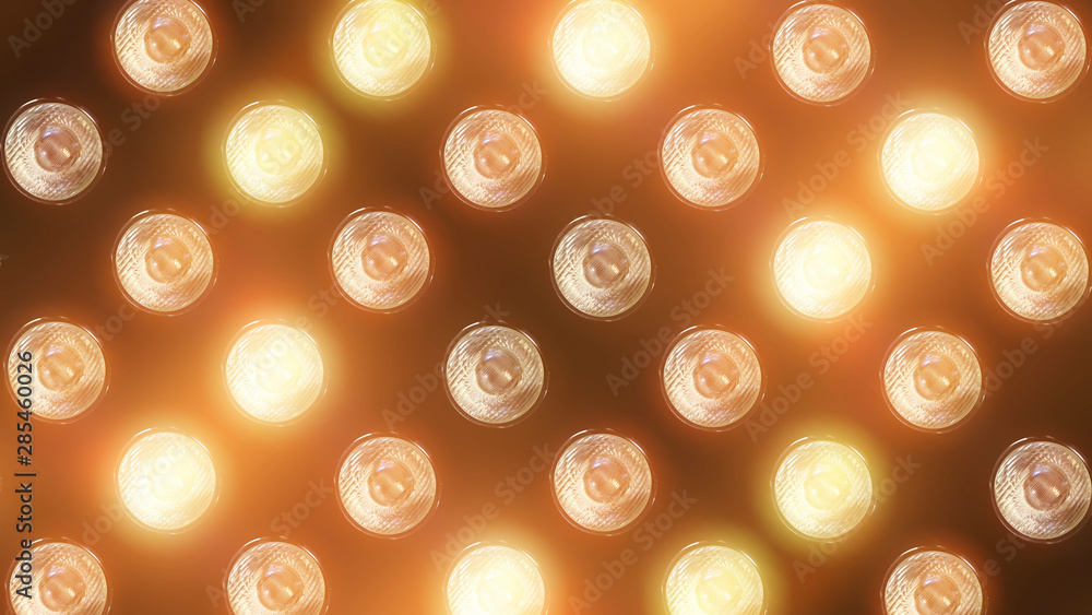 Poster 3d rendering of a wall with flashing lights and bright spotlights. perfect background with glow effe