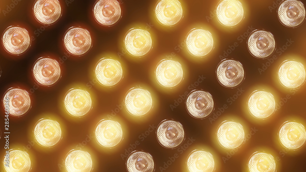 Poster 3d rendering of a wall with flashing lights and bright spotlights. perfect background with glow effe