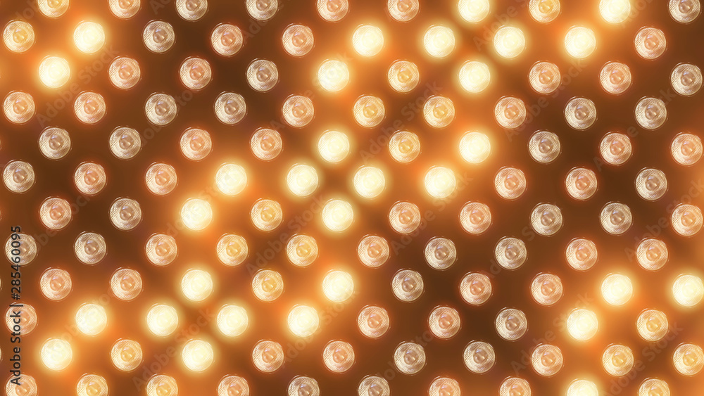 Poster 3d rendering of a wall with flashing lights and bright spotlights. perfect background with glow effe