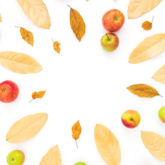 Thanksgiving composition. Frame of autumn fall leaves and apple fruits on white background. Flat lay, top view, copy space