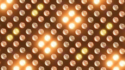 3D rendering of a wall with flashing lights and bright spotlights. Perfect background with glow effects and lenses for collages, presentations of music videos and shows