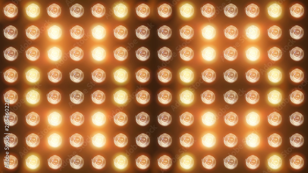 Poster 3d rendering of a wall with flashing lights and bright spotlights. perfect background with glow effe
