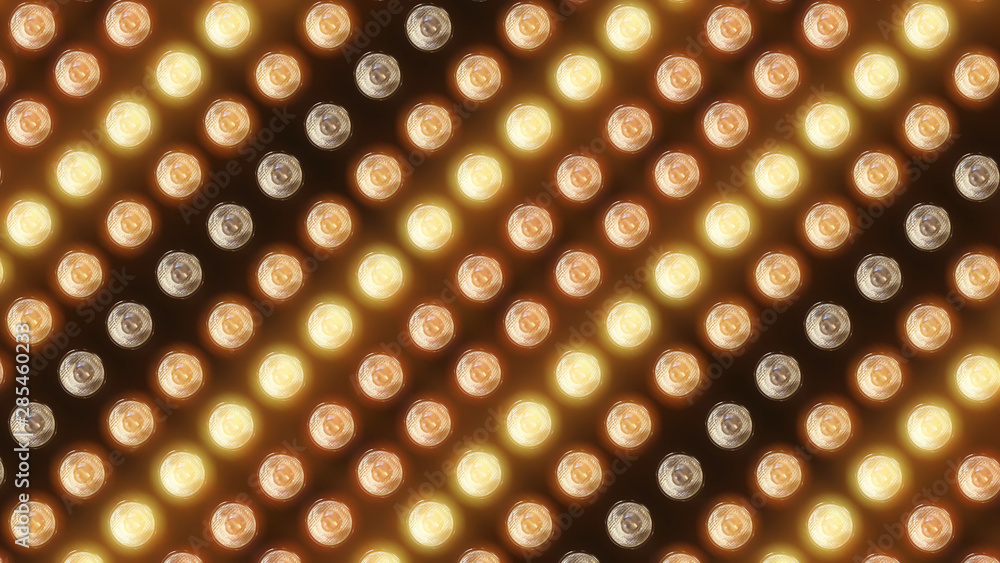 Poster 3d rendering of a wall with flashing lights and bright spotlights. perfect background with glow effe