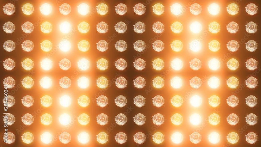Poster 3d rendering of a wall with flashing lights and bright spotlights. perfect background with glow effe