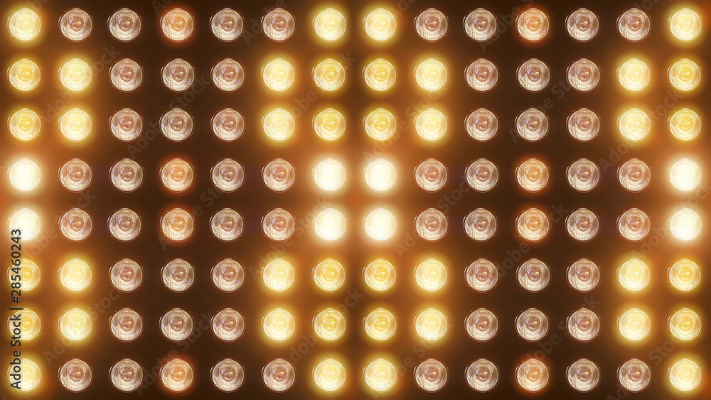 Poster 3d rendering of a wall with flashing lights and bright spotlights. perfect background with glow effe