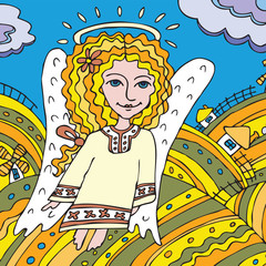 angel girl flies over autumn fields. Hand drawn vector colorful illustration for card, calendar