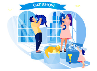 Exhibition Cats. Man and Woman Hold Animal in Hand