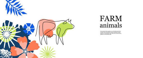 Horizontal agricultural banner. Cow drawn in one line.